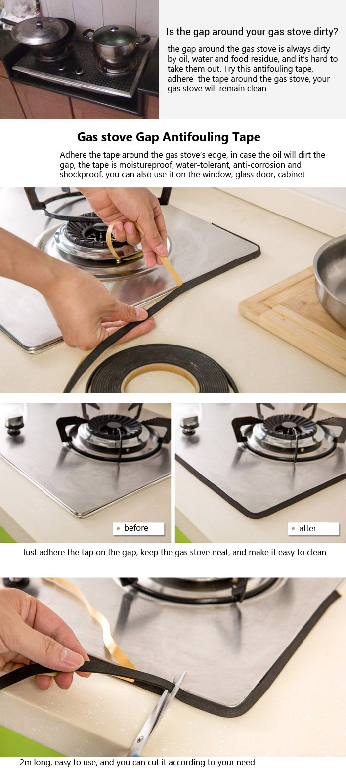 Gas Stove Cooker Slit Antifouling Strip Sealing Tape Sealing Strip Kitchen Tool