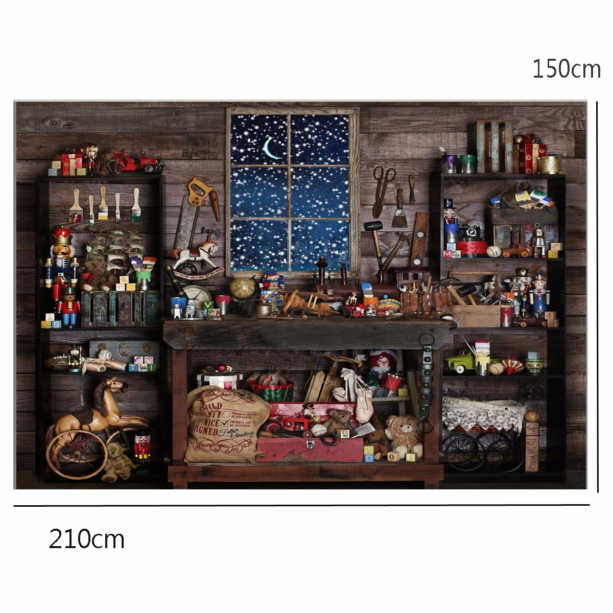 7x5FT Christmas Theme Small Shop Gift Doll Tools Wooden Window Photography