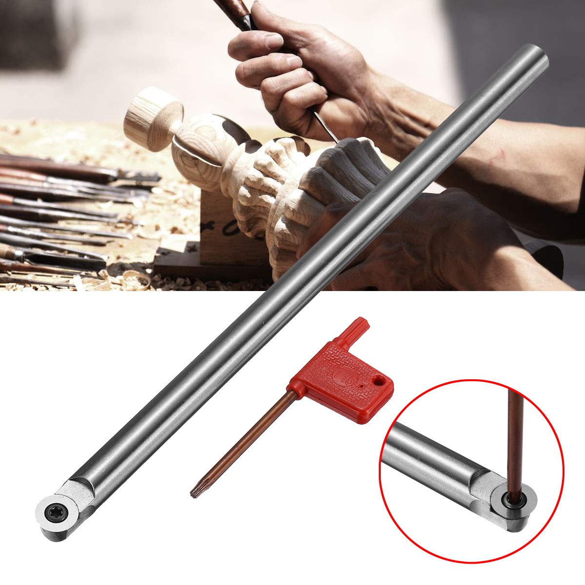 R6 250mm Wood Turning Tool Turning Chisel Round Shank with Wood Carbide Insert Cutter